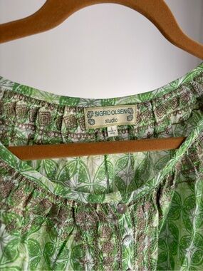 Sigrid Olsen Green and Brown Printed Smocked Blouse